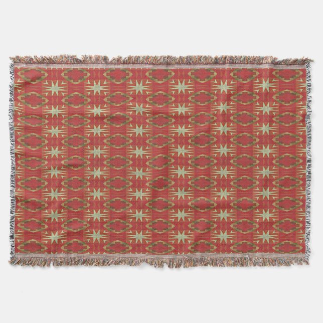 Beige Mustard Green Brown Red Orange Tribal Art Throw Blanket (Front)