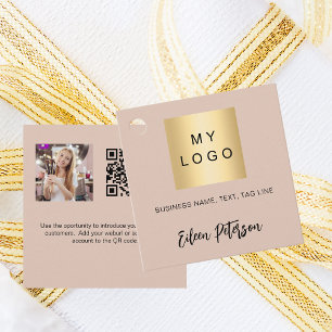 Beige name logo photo QR code hang tag