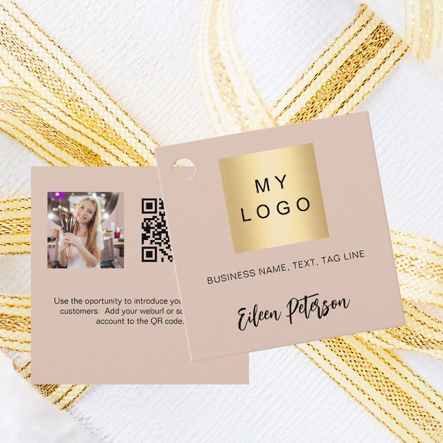 Beige name logo photo QR code hang tag (Creator Uploaded)