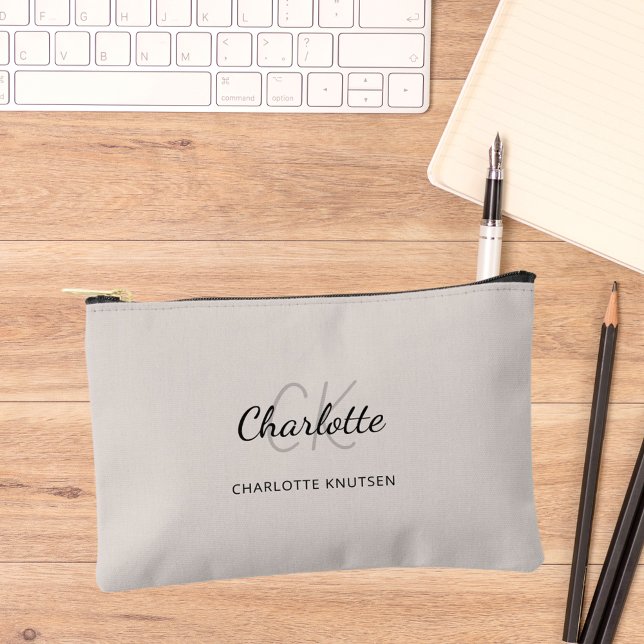 Beige name monogram initials modern accessory pouch (Creator Uploaded)