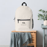 Beige name monogram initials printed backpack<br><div class="desc">Beige background,  black text. Personalise and add your monogram initials and full name.</div>