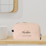 Beige name monogram initials script modern dopp kit<br><div class="desc">A beige coloured background,  black and golden text. 
Personalise and add your first name,  monogram initials and full name.</div>