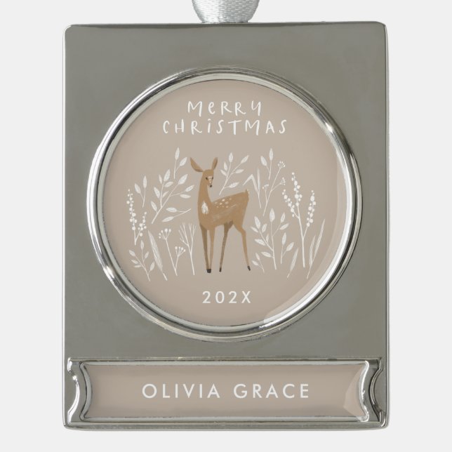 Beige natural reindeer botanical delicate elegant silver plated banner ornament (Front)