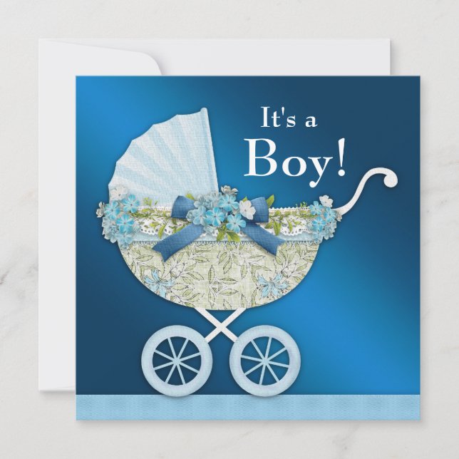 Beige Navy Blue Baby Carriage Boy Shower Invitation (Front)