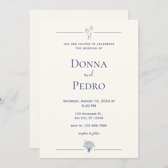 Beige Navy Blue Minimalist Wedding Invitation (Front/Back)