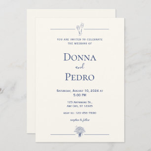 Beige Navy Blue Minimalist Wedding Invitation