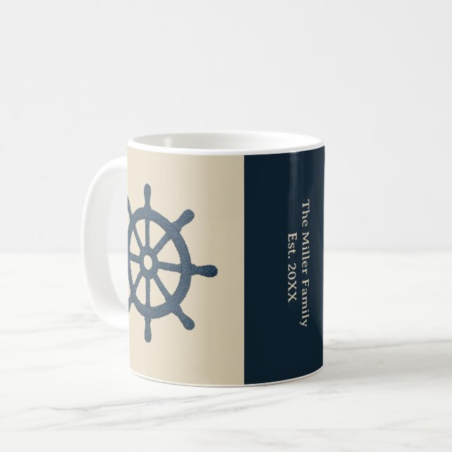 beige navy blue ship wheel Family Name est. Year  Coffee Mug (Front Left)