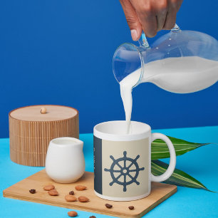 beige navy blue ship wheel Family Name est. Year  Coffee Mug