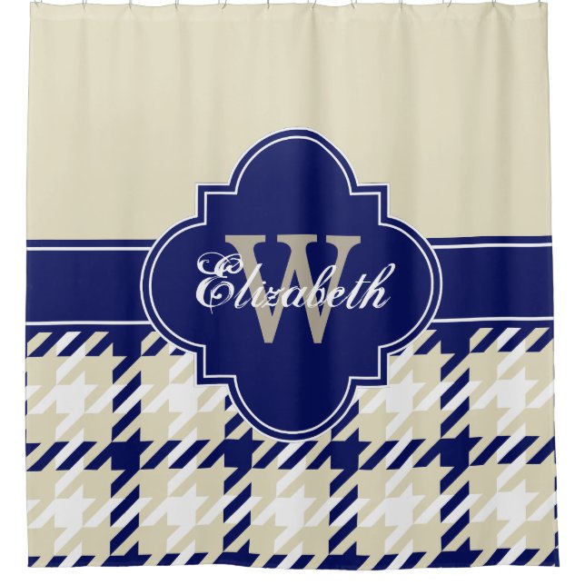 Beige Navy Blue Wht 1I CB Ribbon Name Shower Curtain (Front)