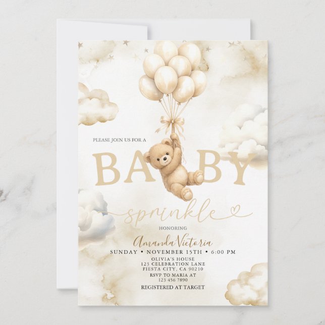 Beige Neutral Bear Cloud Balloon Baby Shower Invitation (Front)