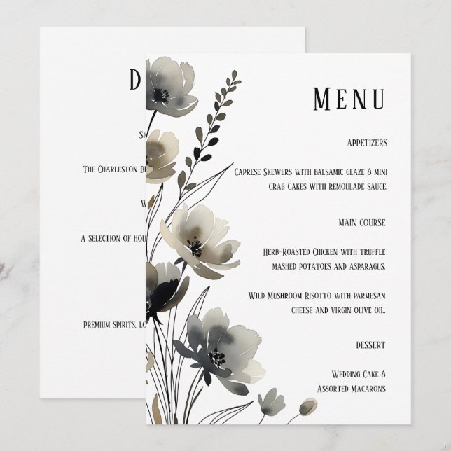 Beige Neutral Floral Wedding Menu (Front/Back)