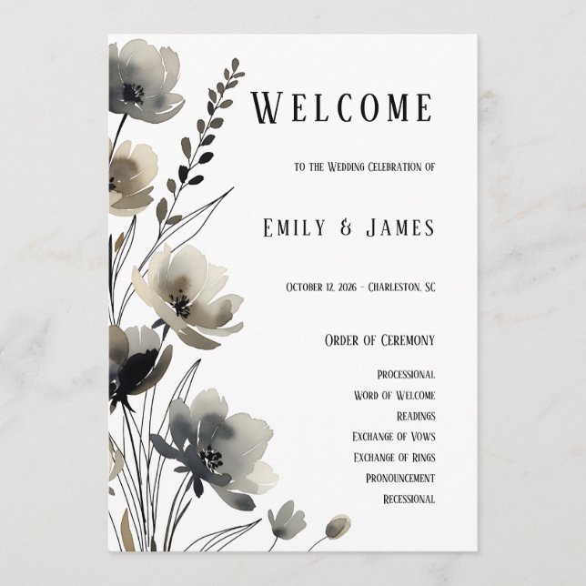 Beige Neutral Floral Wedding Programme (Front)