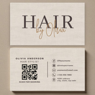Beige Neutral Linen QR Code Hair Stylist  Business Card