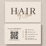 Beige Neutral QR Code Hair Stylist Modern Business Card<br><div class="desc">Keep it classy and professional with this beige neutral business card for hair stylists,  featuring a clean modern layout,  QR code for easy booking,  and bold black social icons. Perfect for salon pros who prefer soft tones with high-impact style.</div>
