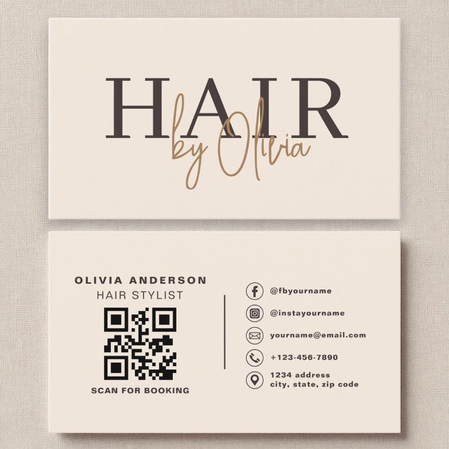 Beige Neutral QR Code Hair Stylist Modern Business Card (Creator Uploaded)