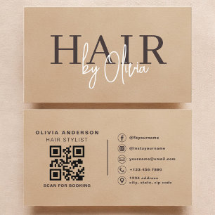 Beige Neutral Suede QR Code Hair Stylist  Business Card