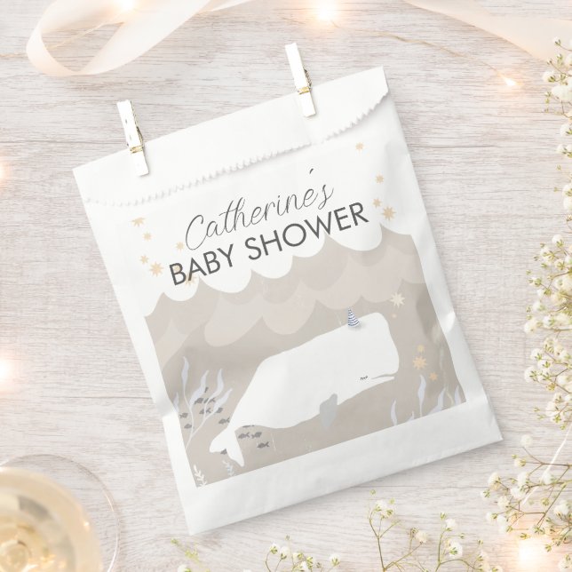 Beige Neutral White Whale Baby Shower  Favour Bags (Clipped)