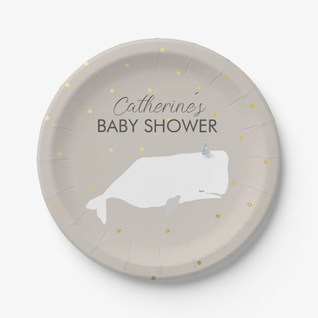 Beige Neutral White Whale Baby Shower  Paper Plate (Front)