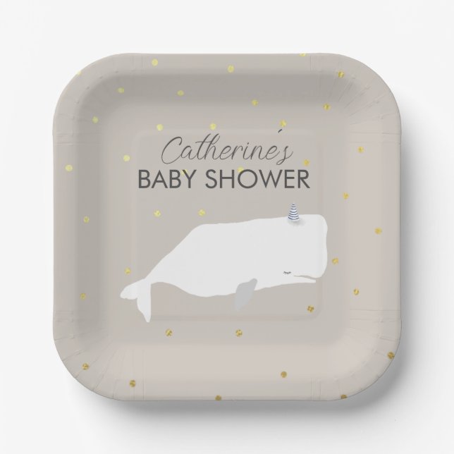 Beige Neutral White Whale Baby Shower  Paper Plate (Front)