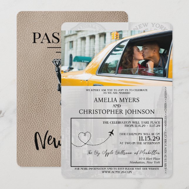 Beige New York City Passport Wedding Invitation (Front/Back)