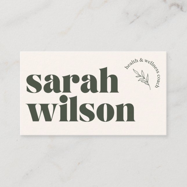 Beige Olive Green Health Wellness Business Card (Front)