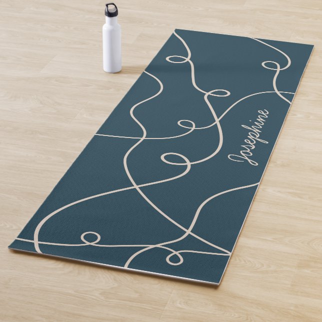 Beige On Blue Geometric Loops Pattern And Name Yoga Mat (In Situ)