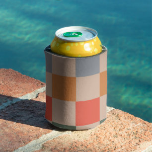 Beige Orange Blue Chequerboard Retro Modern Checks Can Cooler