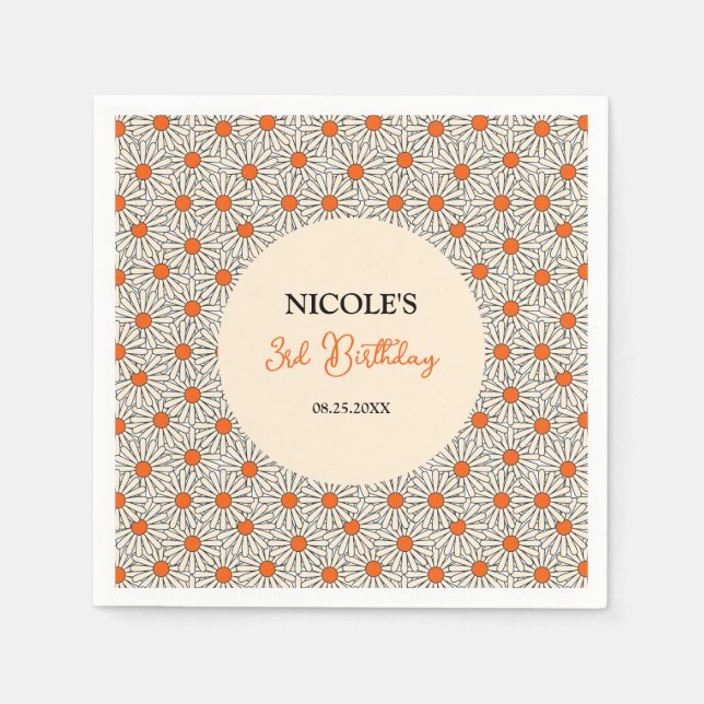 Beige Orange Daisies Floral Arch Birthday Napkin (Front)