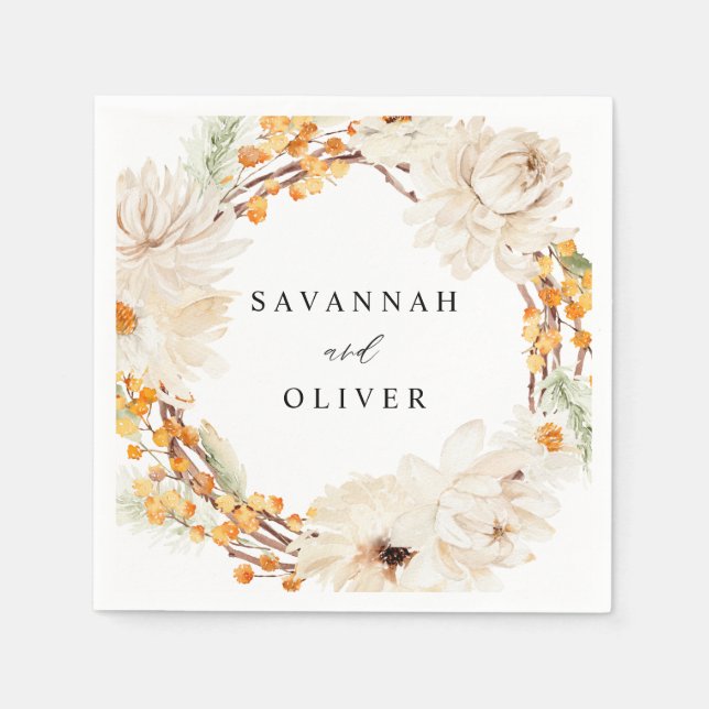 Beige & Orange Floral Name Napkins (Front)