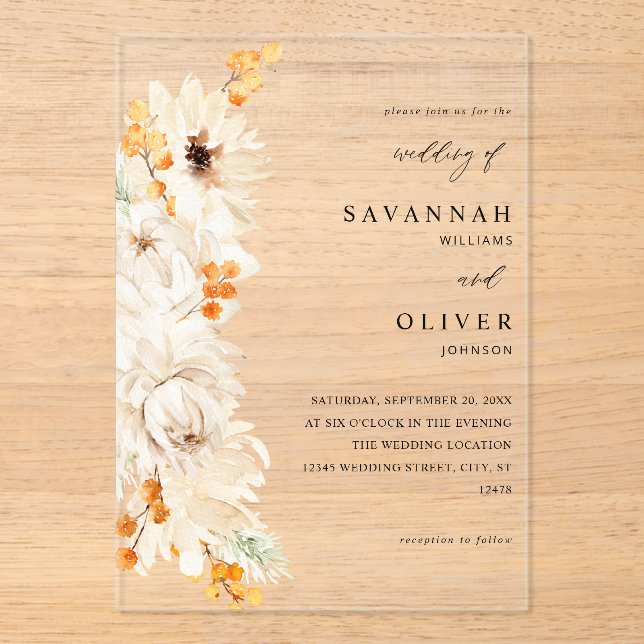 Beige & Orange Floral Wedding Acrylic Invitations (Front)