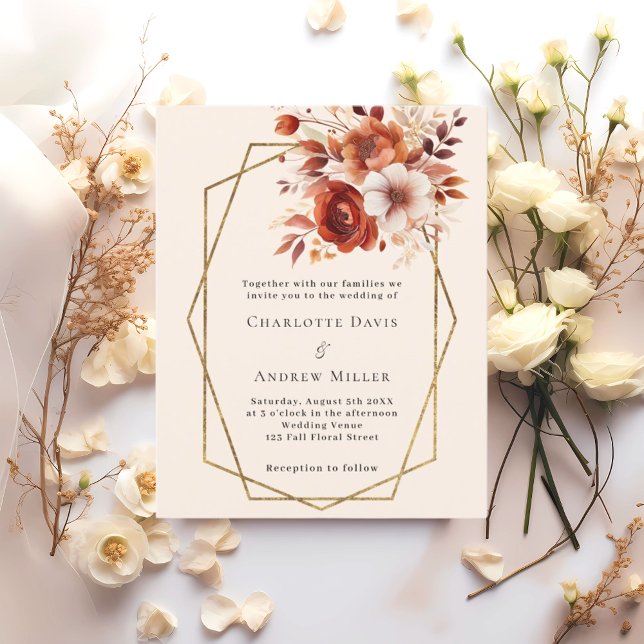 Beige orange florals geometric wedding invitation (Creator Uploaded)