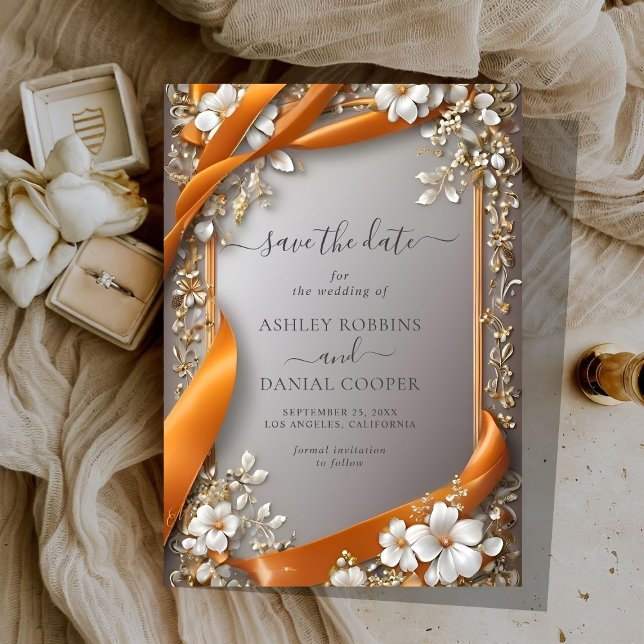 Beige Orange Ribbons Ornate floral Save The Date Invitation (Creator Uploaded)