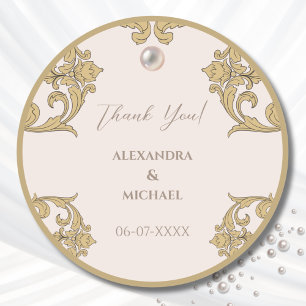Beige Ornate Victorian Pearl Wedding Thank You Classic Round Sticker
