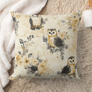 Beige Owl Cottagecore Floral Pattern Cushion