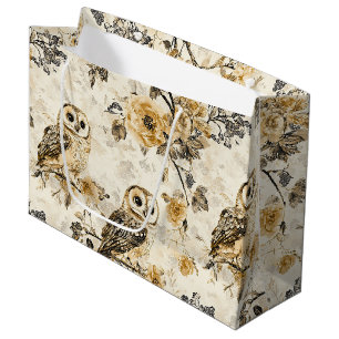 Beige Owl Cottagecore Floral Pattern Large Gift Bag