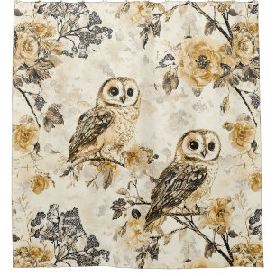 Beige Owl Cottagecore Floral Pattern Shower Curtain