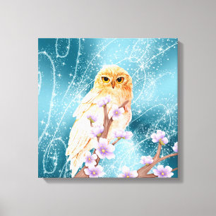 Beige Owl on Purple Floral Branch Magical Sparkle  Canvas Print