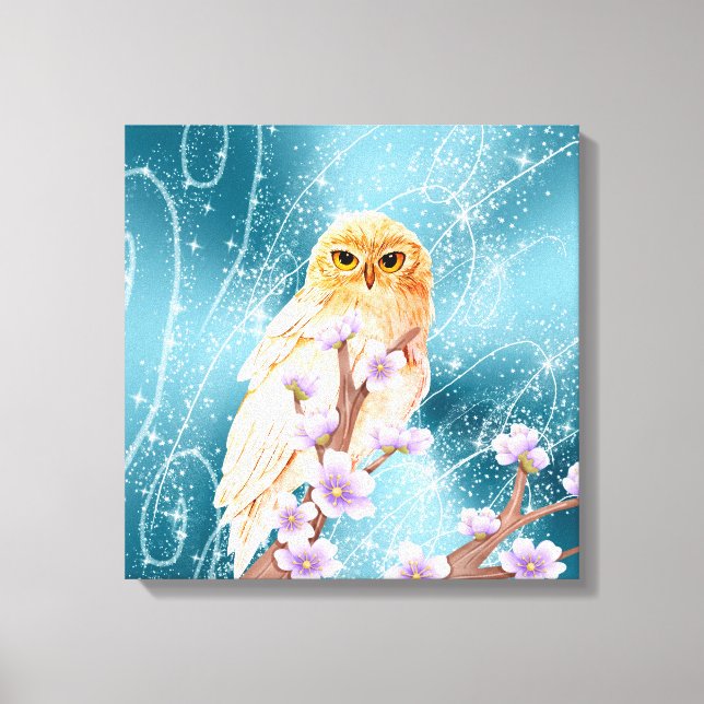 Beige Owl on Purple Floral Branch Magical Sparkle  Canvas Print (Front)
