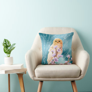 Beige Owl on Purple Floral Branch Magical Sparkle  Cushion