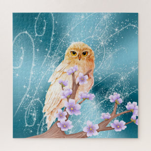 Beige Owl on Purple Floral Branch Magical Sparkle  Jigsaw Puzzle