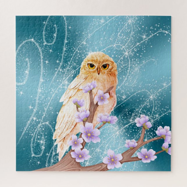 Beige Owl on Purple Floral Branch Magical Sparkle  Jigsaw Puzzle (Vertical)