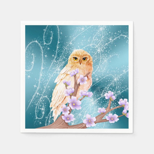 Beige Owl on Purple Floral Branch Magical Sparkle  Napkin (Front)