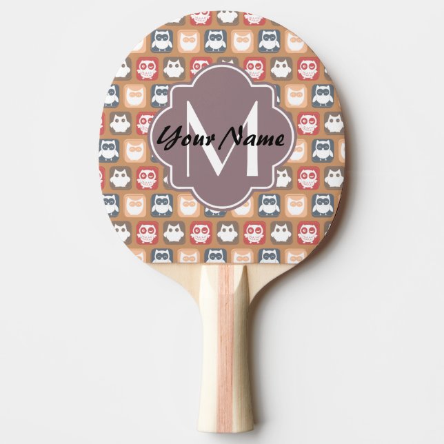 Beige Owls Personalised Monogram and Name Ping Pong Paddle (Front)