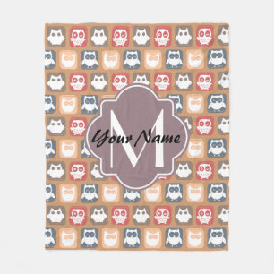 Beige Owls Personalized Monogram and Name Fleece Blanket