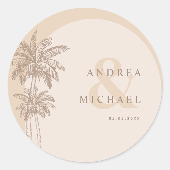 Beige Palm Trees & Ampersand Names Wedding Classic Round Sticker (Front)