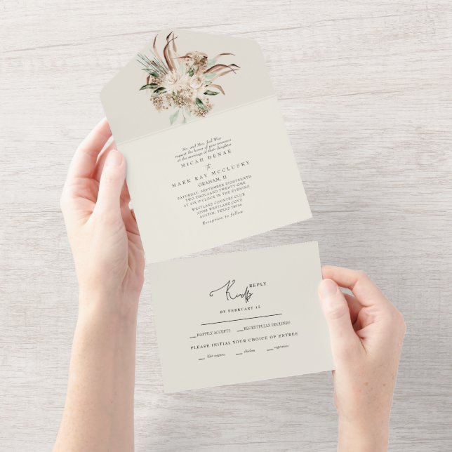 Beige Pampas Bouquet Floral Wedding All In One Inv All In One Invitation (Tearaway)