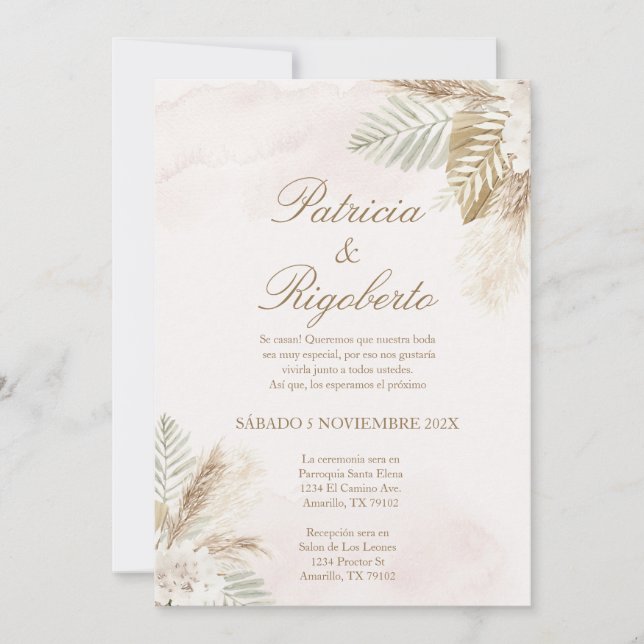 Beige pampas Elegant Wedding Invitation in Spanish (Front)