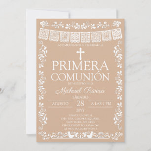 Beige Papel Picado Primera Comunión Invitation