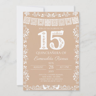 Beige Papel Picado Quinceañera 15th Birthday Invitation