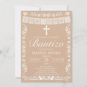Beige Papel Picado Spanish Bautizo Invitation